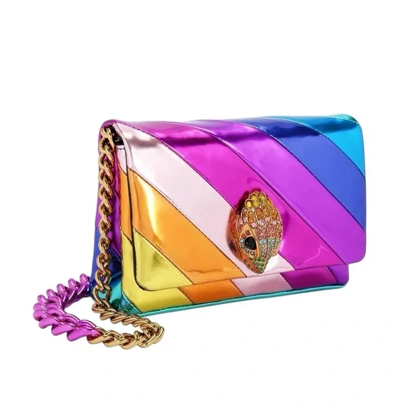 Kurt Geiger MINI KENSINGTON METALLIC LEATHER LONG FLAP CROSSBODY IN RAINBOW NWT - Picture 3 of 6